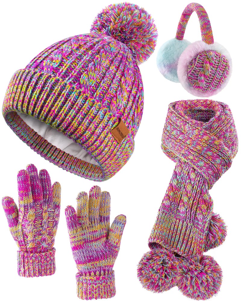 HONGTEYA Kids Winter Hat Scarf Gloves Set Children's Warm Knit Fleece Lined (Rainbow 2, 3-8 Years) - Image 1