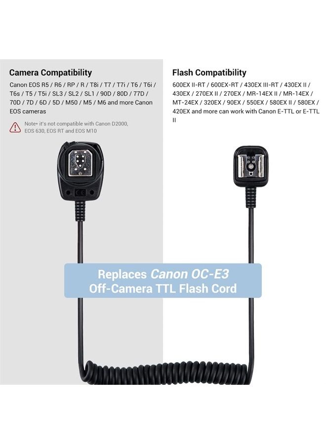 JJC Flash TTL Cord JJC Off-Camera Flash Hot Shoe Cord for Canon R5 R6 RP R T8i T7 T7i T6 T6i T6s T5 T5i SL3 SL2 90D 80D 77D 6D Mark II 5D Mark IV M50 M6,etc Replaces Canon OC-E3 Cord -1.3m - Image 3