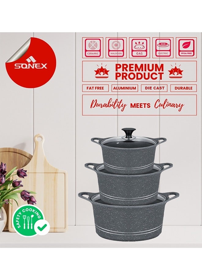 Sonex Diecast Non-Stick Glory Mega 3-Piece Cookware Set with Pot Holder, Sizes 9L, 13L, 19L, Elegant Grey Marble Finish, Superior Heat Distribution, Durable Handles, All Stovetop Compatibility, Grey - Image 5