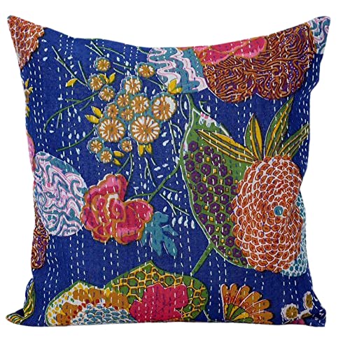 BOHEKANT Kirti Textile and Handicraft Cotton Cushion Cover Hand Stitched Embroidery Decorative Printed Pillow Cover Square Shape Indian 16X16 Inches Boho Cushion Set of 1 - Image 2