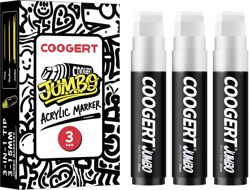 Coogert 3Pcs White Jumbo Poster Markers, 15MM Thick Permanent Acrylic Graffiti Markers, Wide Tip Paint Marker for Canvas, Posters Board, Fabric, Window, Glass, Wood, Teachers,Banner painting supplies - Image 1