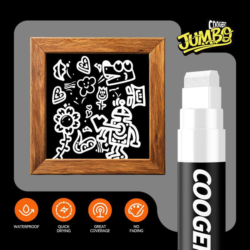 Coogert 3Pcs White Jumbo Poster Markers, 15MM Thick Permanent Acrylic Graffiti Markers, Wide Tip Paint Marker for Canvas, Posters Board, Fabric, Window, Glass, Wood, Teachers,Banner painting supplies - Image 3