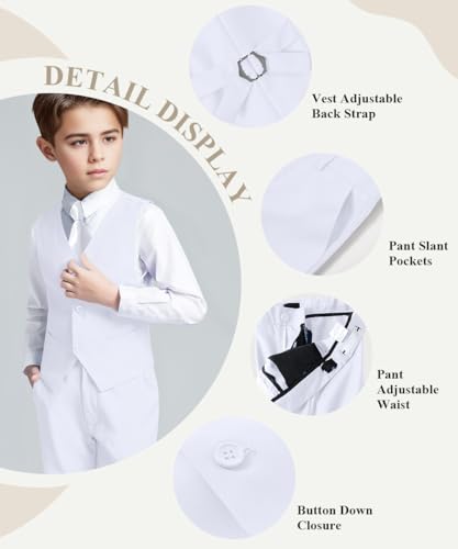 Visaccy White Suit for Boys All White Tuxedo Outfit Dress Pants Blazer Vest Size 7 - Image 2