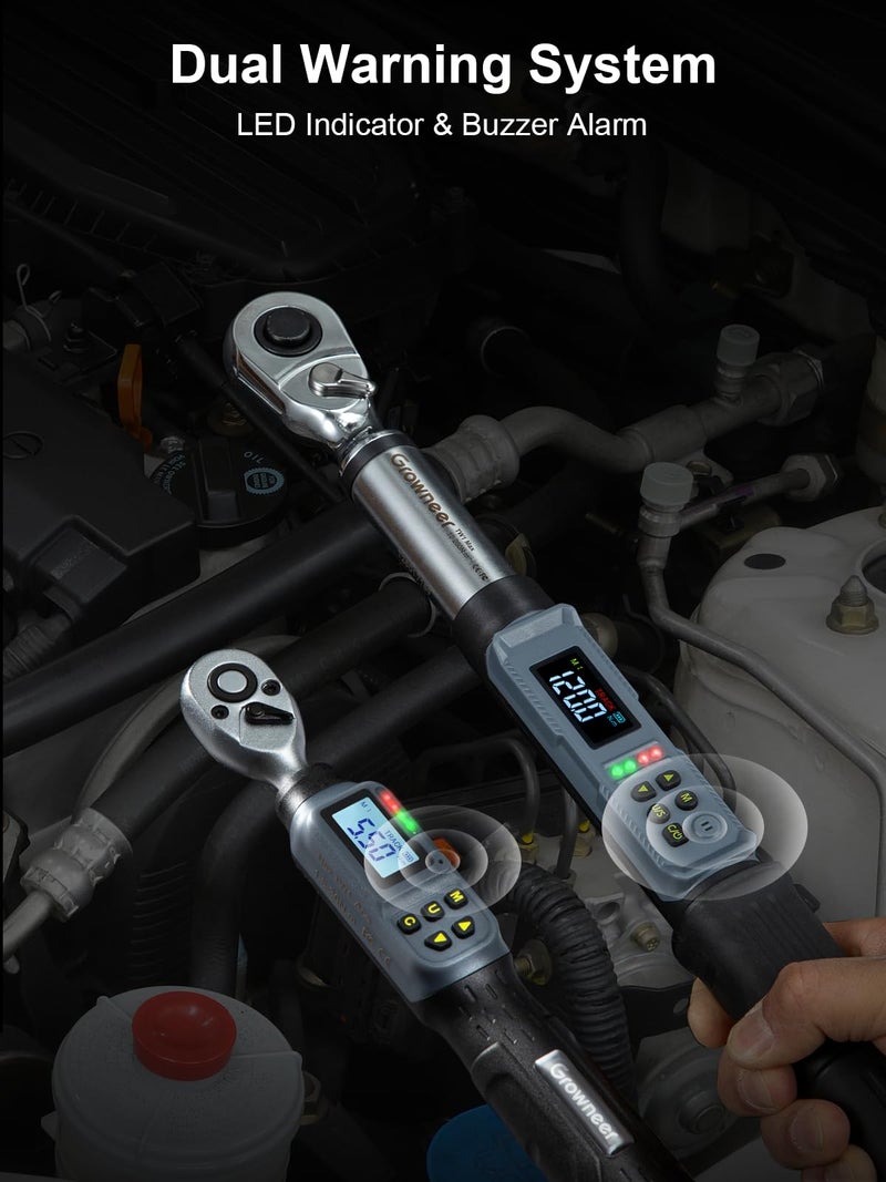GROWNEER Digital Torque Wrench Set, 1/4" Drive 1.1-22.1 Ft-lbs/1.5-30Nm & 1/2'' Drive 7.38-147.5 Ft-lbs/10-200Nm Electronic Torque Wrench Combo with Buzzer & LED Indicator for Motor Car Repair - Image 2