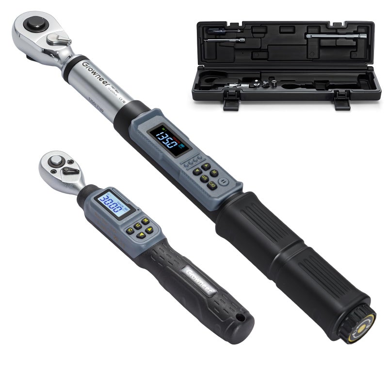GROWNEER Digital Torque Wrench Set, 1/4" Drive 1.1-22.1 Ft-lbs/1.5-30Nm & 1/2'' Drive 7.38-147.5 Ft-lbs/10-200Nm Electronic Torque Wrench Combo with Buzzer & LED Indicator for Motor Car Repair - Image 1