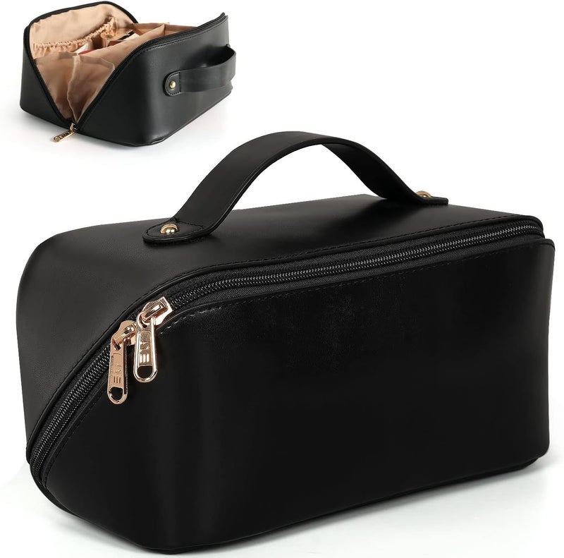 Large Capacity Cosmetic Bag, Travel Cosmetic Storage Bag with Handle, Portable Zipper Cosmetic Bag Toiletry Bag Makeup Bag Large with Compartments for Women Girls (Black)