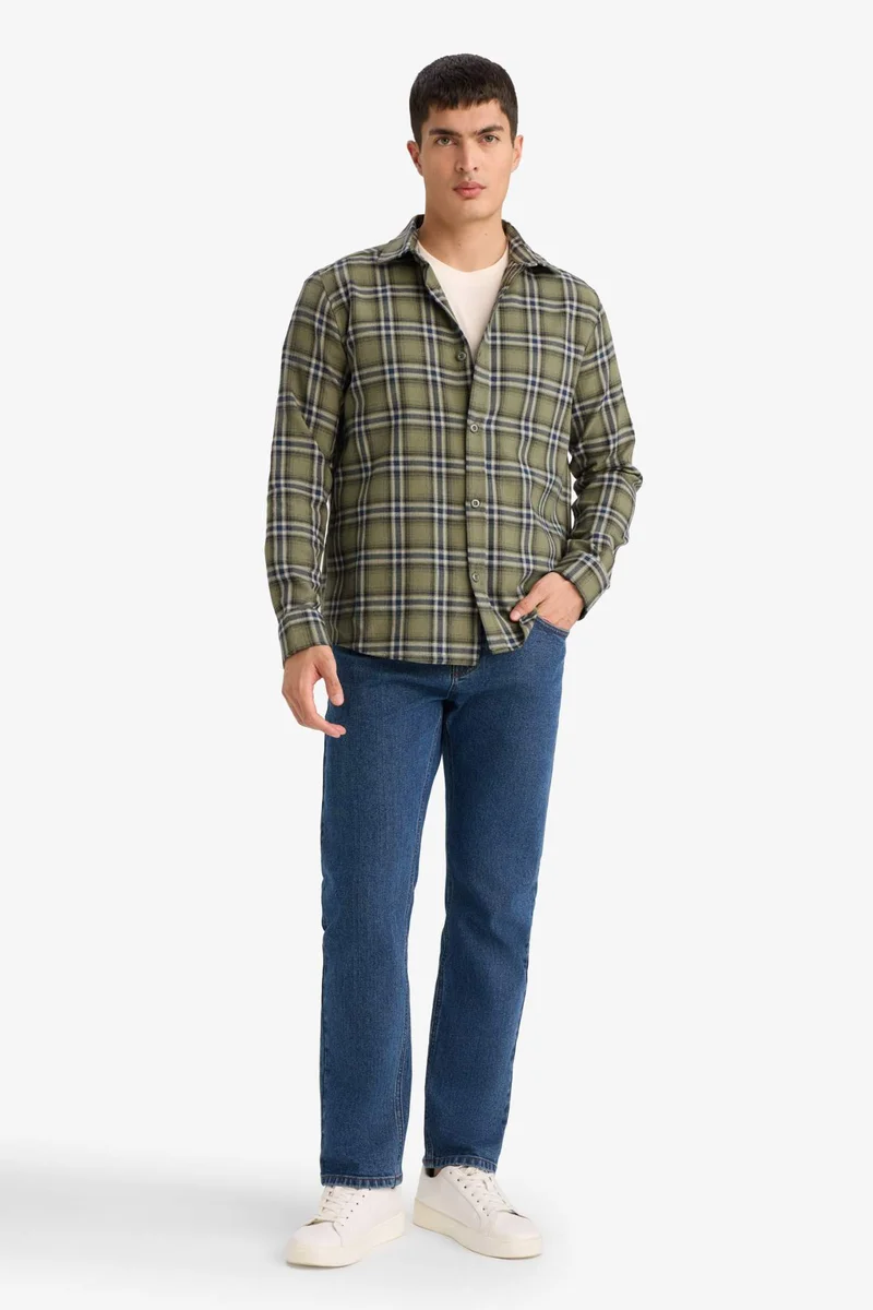 ديفاكتو Regular Fit Polo Collar Plaid Flannel Long Sleeve Shirt