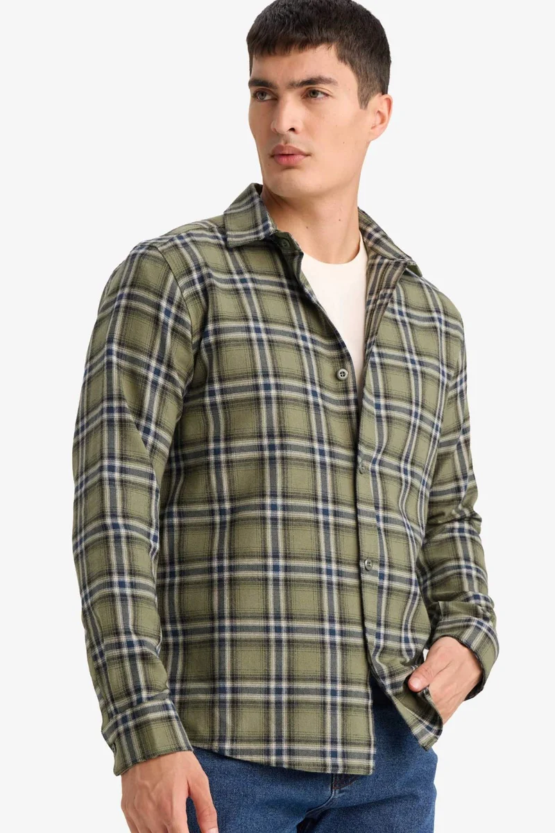 ديفاكتو Regular Fit Polo Collar Plaid Flannel Long Sleeve Shirt
