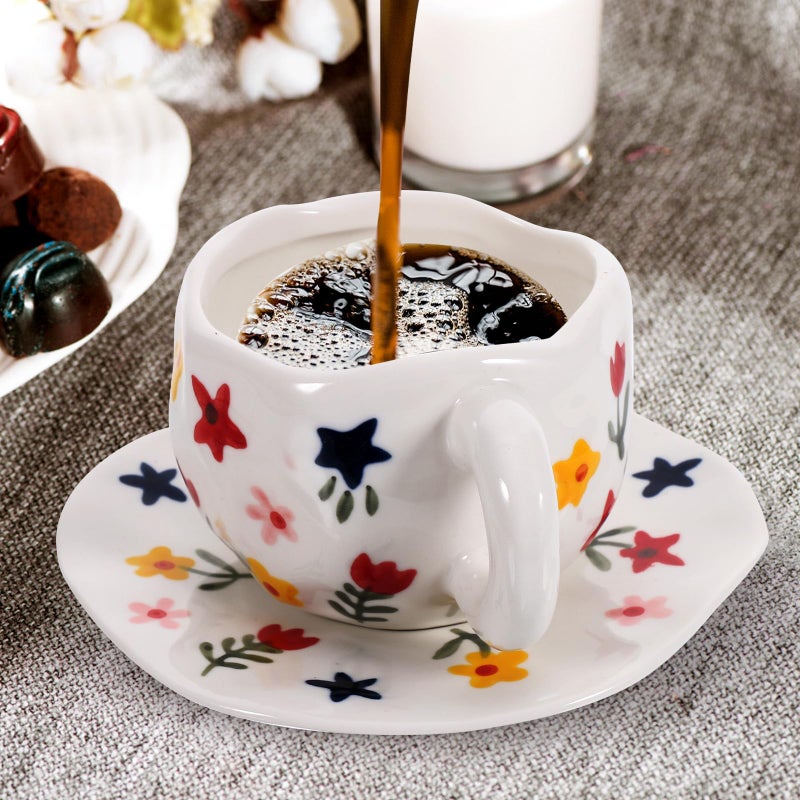 Ceramic Mug and Saucer Set White Floral Pattern Coffee Cup for Home Office - Image 5
