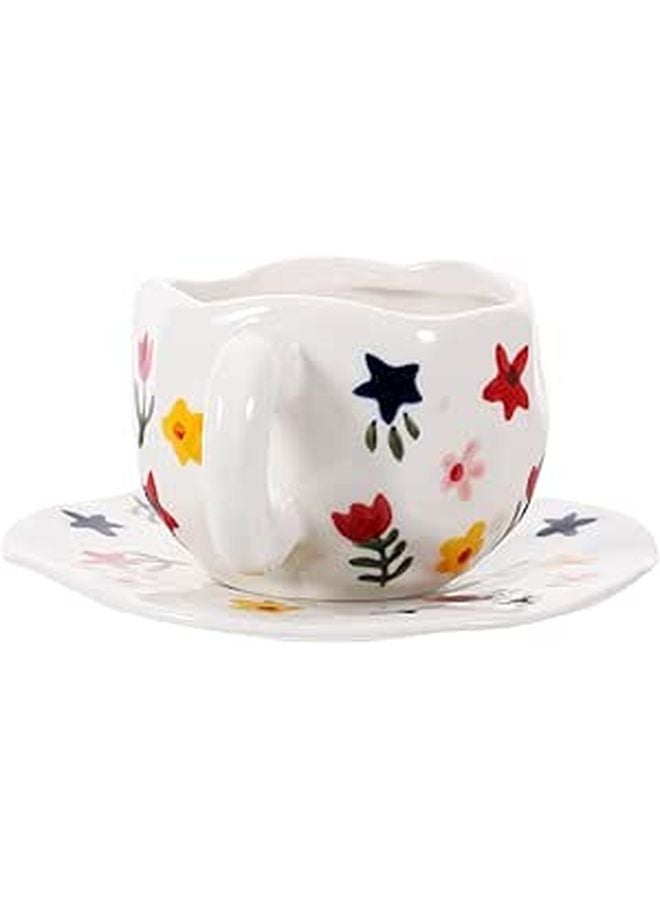 Ceramic Mug and Saucer Set White Floral Pattern Coffee Cup for Home Office - Image 1