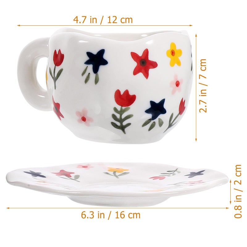 Ceramic Mug and Saucer Set White Floral Pattern Coffee Cup for Home Office - Image 3