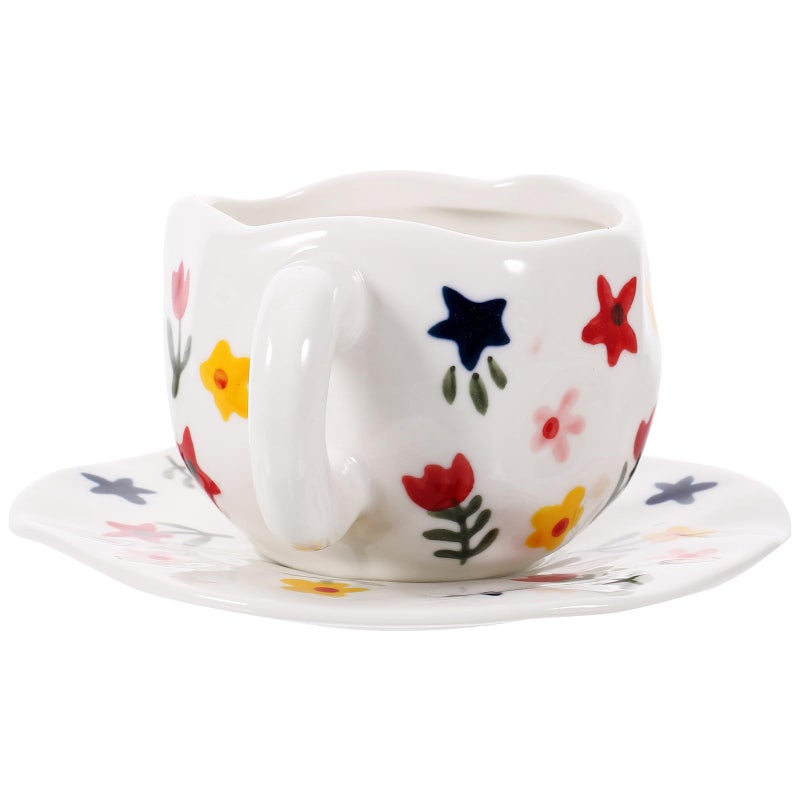Ceramic Mug and Saucer Set White Floral Pattern Coffee Cup for Home Office - Image 2
