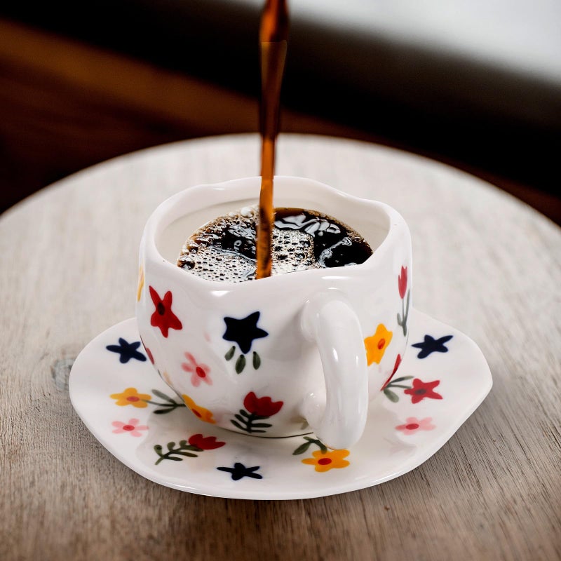 Ceramic Mug and Saucer Set White Floral Pattern Coffee Cup for Home Office - Image 4