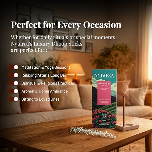 Nytarra Dhoop Sticks Pack of 6, 120 pcs Natural Incense Sticks + Free Ceramic Holders, for Pooja, Aarti, No Charcoal | Mogra, Lotus, Loban Kapoor, Lavender, Kesar Chandan, Gulab | No Bamboo - Image 4