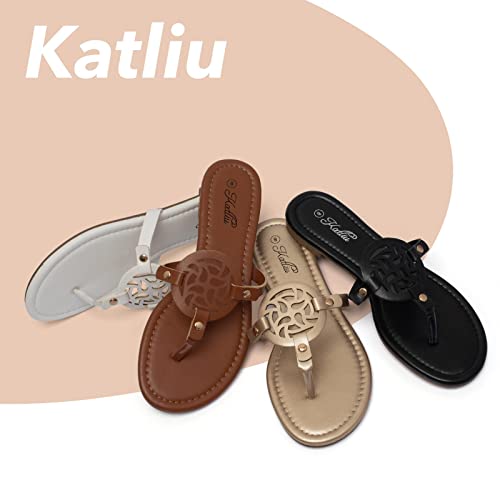 katliu Women's Flat Sandals Flip Flop Sandals Comfortable Dressy Thong Sandals Gold 9 - Image 5