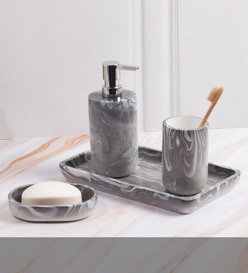 OBSESSIONS Set of 4 Pc Polyresin Bathroom Set Silver - Image 1