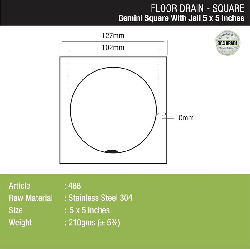 LIPKA Gemini Square Flat Cut Floor Drain 304Grade Stainless Steel 5 x 5 Inches with Cockroach Trap - Image 2