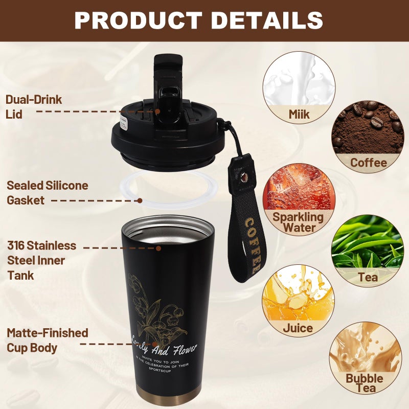 DITOSH Insulated Coffee Tumbler 17.9oz 530ml Travel Coffee Mug 316 Stainless Steel Dual Drink Openings Leakproof Lid Reusable Insulated Coffee Mug Hot and Cold Ideal Travel Mug for Coffee Lover Daily - Image 3