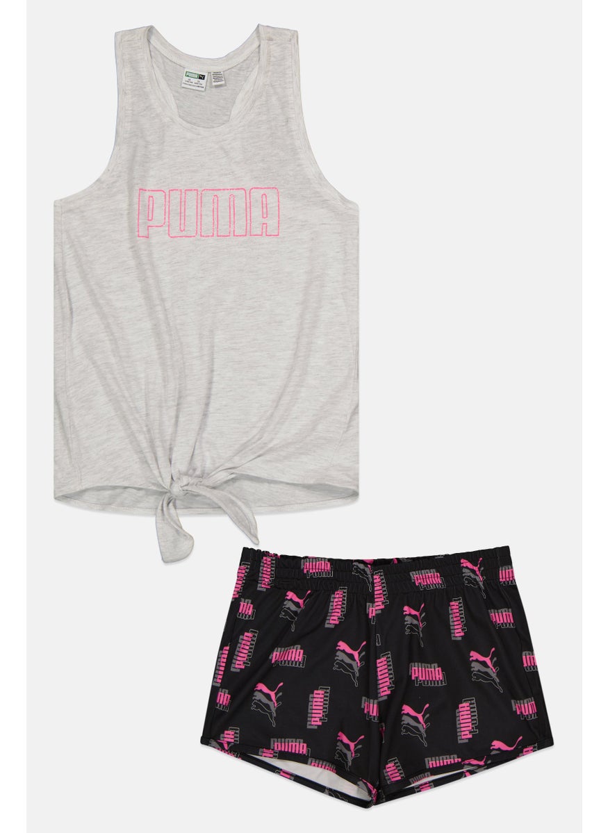 PUMA Kids Girl 2 Piece Graphic Print Tank Top And Shorts, Grey/Black  - Image 1