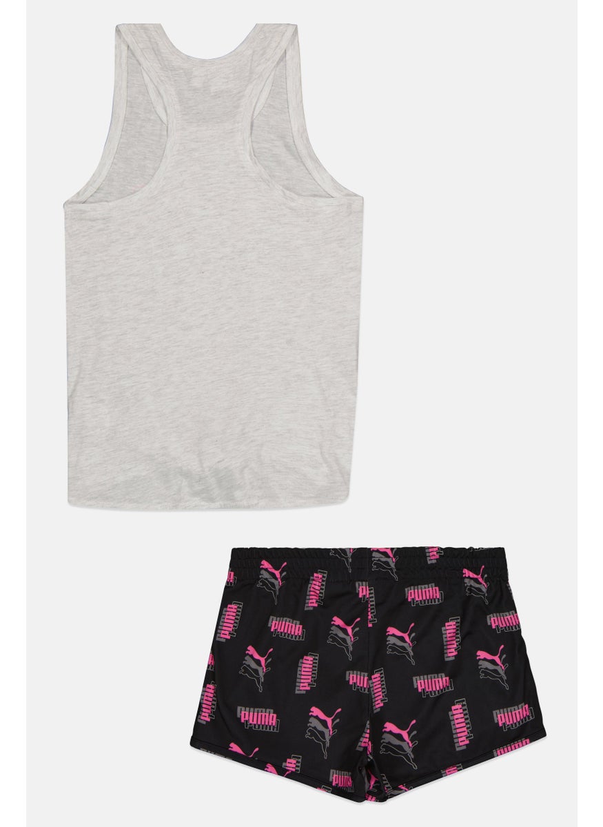 PUMA Kids Girl 2 Piece Graphic Print Tank Top And Shorts, Grey/Black  - Image 2