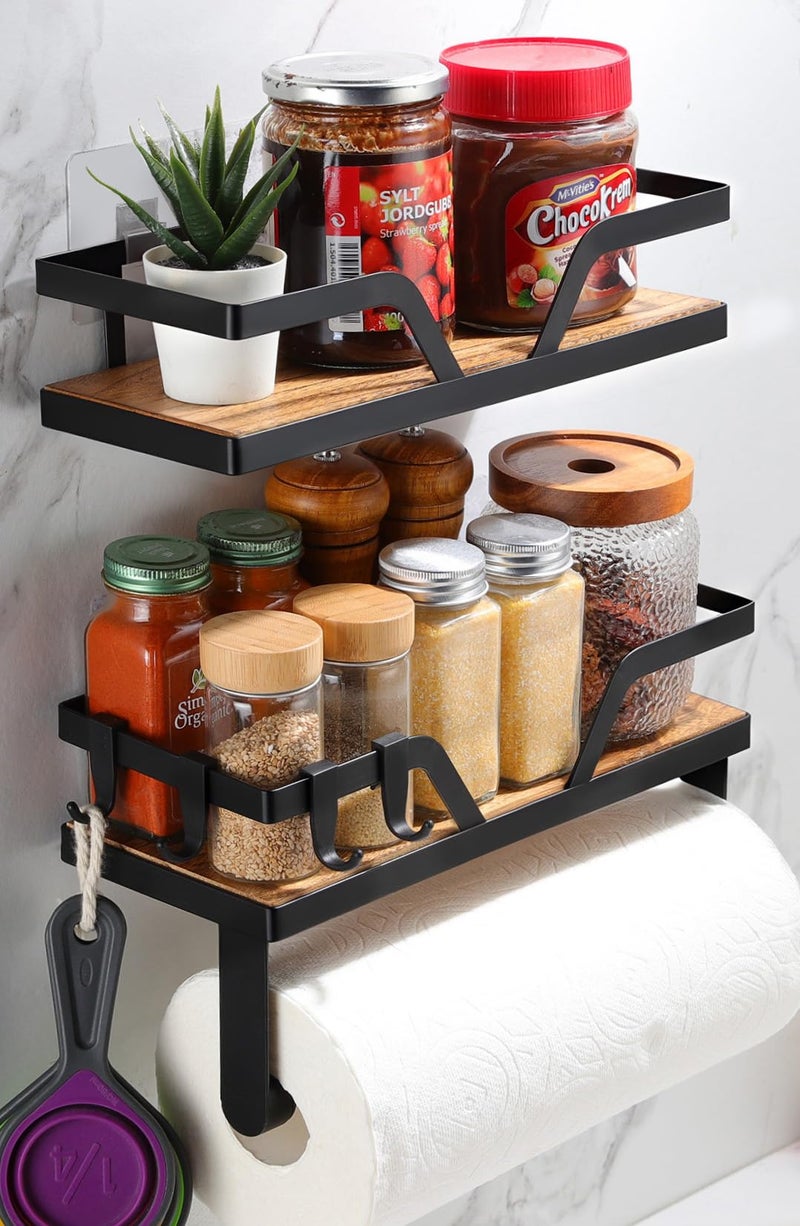 AIDILI Paper Towel Holder with Shelf, Kitchen Wooden Spice Rack Organizer, Self-Adhesive&Drilling Paper Towel Roll Holder with 4 Hooks - Image 1