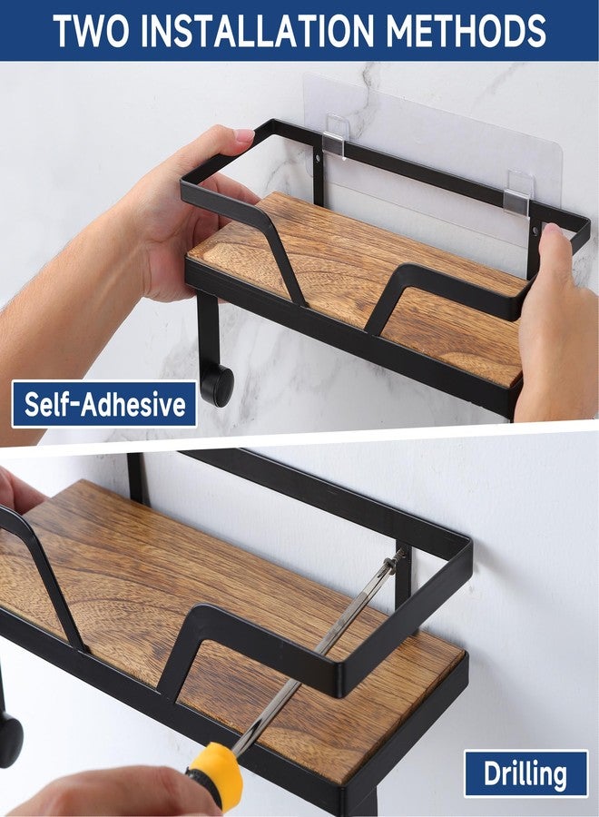 AIDILI Paper Towel Holder with Shelf, Kitchen Wooden Spice Rack Organizer, Self-Adhesive&Drilling Paper Towel Roll Holder with 4 Hooks - Image 5
