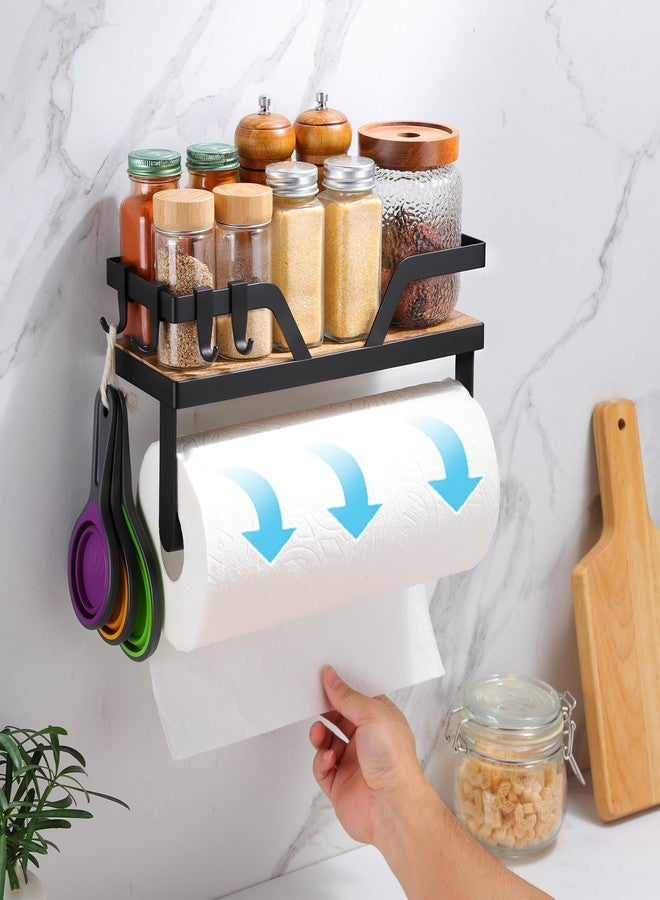 AIDILI Paper Towel Holder with Shelf, Kitchen Wooden Spice Rack Organizer, Self-Adhesive&Drilling Paper Towel Roll Holder with 4 Hooks - Image 2