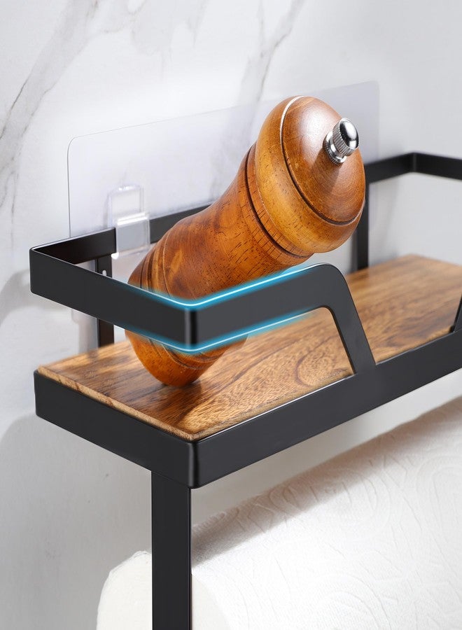AIDILI Paper Towel Holder with Shelf, Kitchen Wooden Spice Rack Organizer, Self-Adhesive&Drilling Paper Towel Roll Holder with 4 Hooks - Image 3