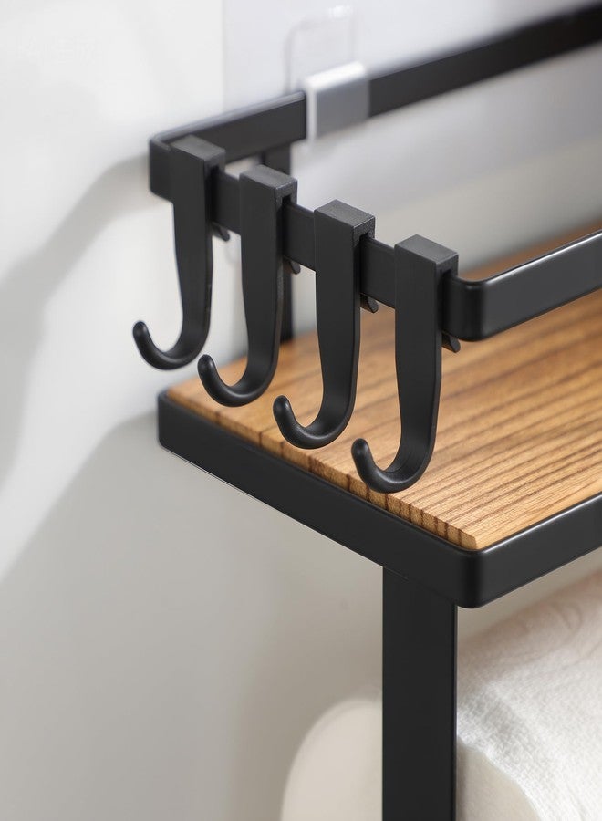 AIDILI Paper Towel Holder with Shelf, Kitchen Wooden Spice Rack Organizer, Self-Adhesive&Drilling Paper Towel Roll Holder with 4 Hooks - Image 4