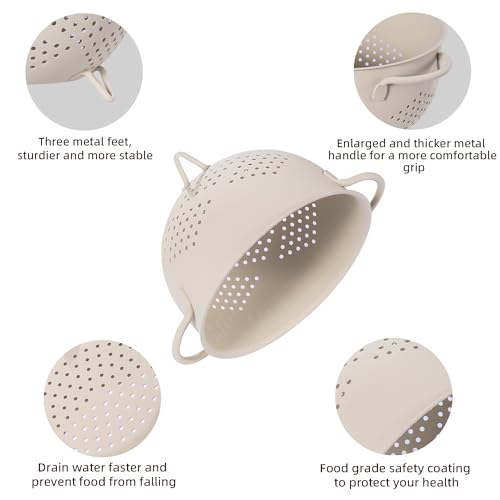 BeFare Metal Colander 5 Quart Powder Coated Self-draining Metal Strainer with Base,Kitchen Pasta Fruit Vegetable Basket with Double Handles (Sand Yellow) - Image 5