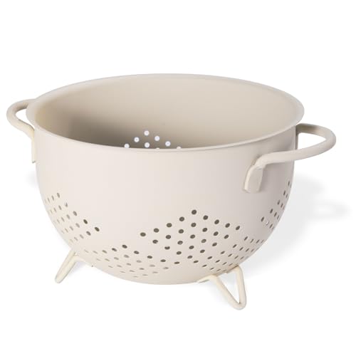BeFare Metal Colander 5 Quart Powder Coated Self-draining Metal Strainer with Base,Kitchen Pasta Fruit Vegetable Basket with Double Handles (Sand Yellow) - Image 1