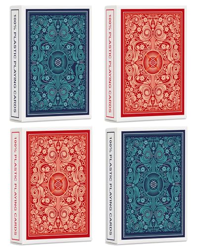 Timenued Playing Cards 4 PackPlastic Waterproof Playing Cards Bulk for Adults and Seniors4 Decks of Poker Cards Professional Set Standard Poker Size Regular Index2 Blue 2 Red - Image 1