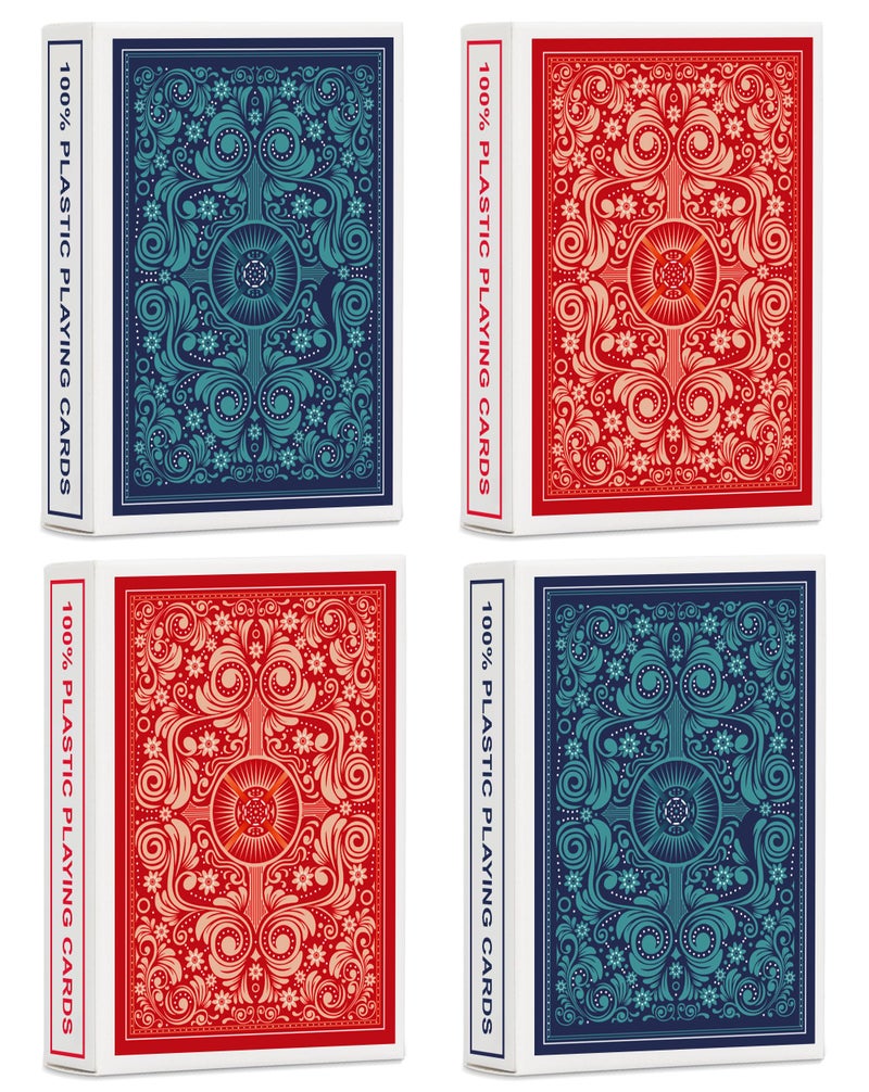 Timenued Playing Cards 4 PackPlastic Waterproof Playing Cards Bulk for Adults and Seniors4 Decks of Poker Cards Professional Set Standard Poker Size Regular Index2 Blue 2 Red - Image 3