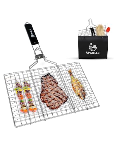 UPGRILLZ Fish Grill Baskets for Outdoor Grill Vegetables, Fish Grilling rack for Grill, BBQ Grilling Basket, Stainless steel Grill Basket for Veggies, shrimp Includes 50 skewers, Silicon Brush, and Carry Bag - Image 1
