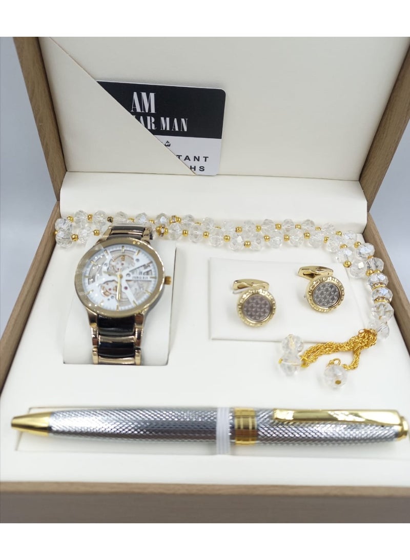 ANEMAR MAN A high-quality, elegant men's gift set including a watch, pen, prayer beads, cufflinks, and a gold bracelet with a mother-of-pearl dial.