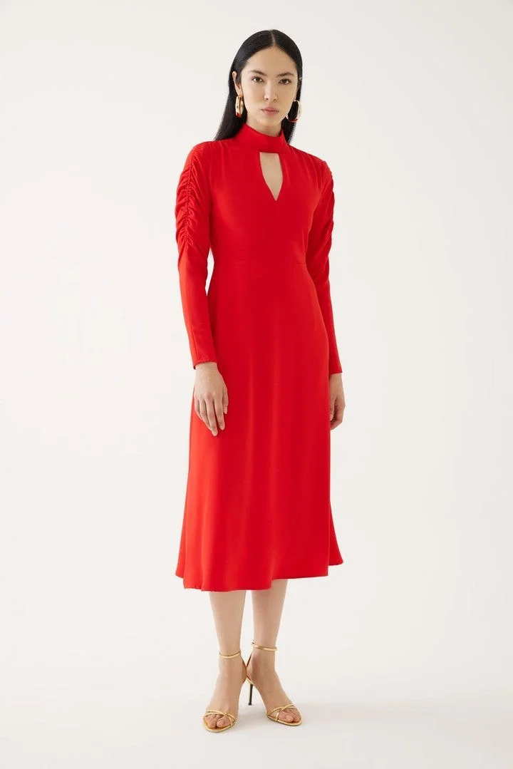 EXQUISE Red Dress with Gathered Sleeve Detail
