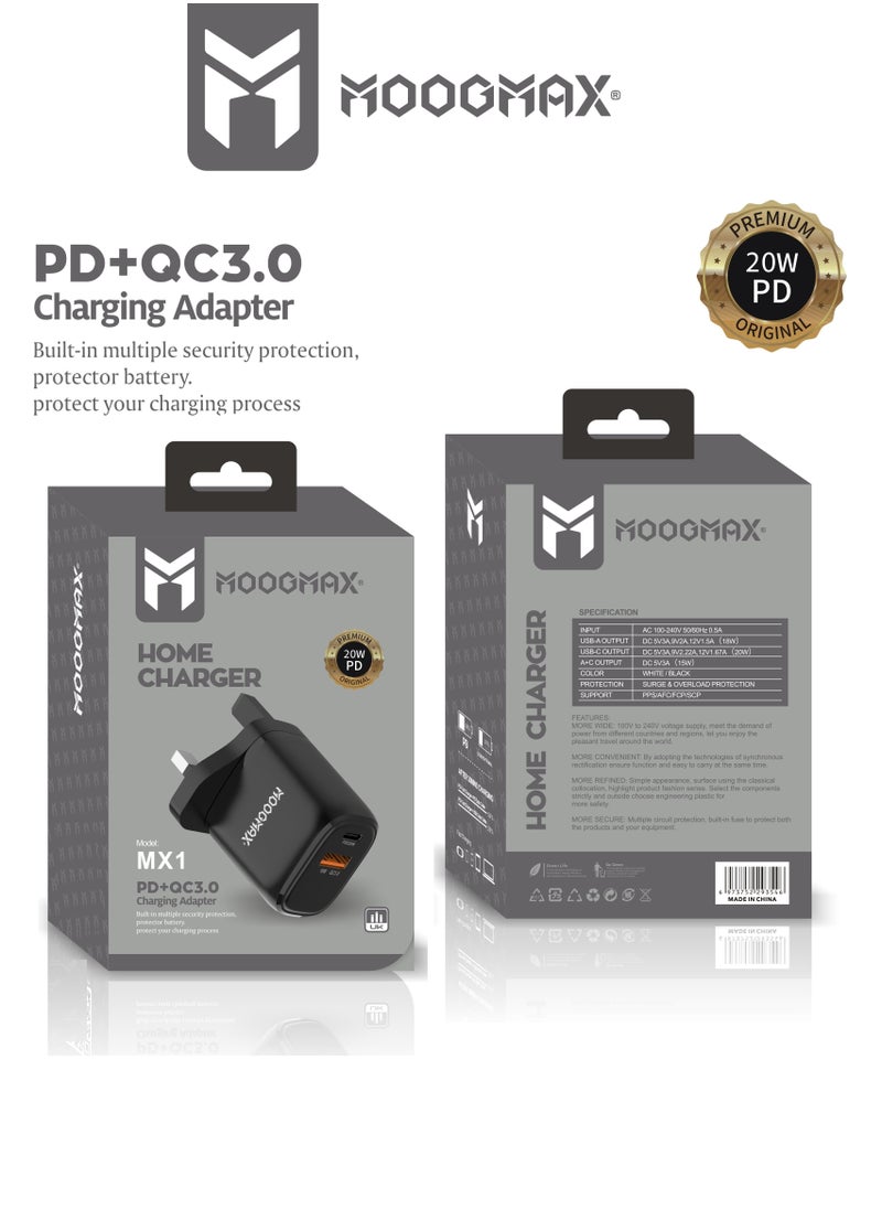 MOOGMAX 20W fast charging Adapter with two charging ports, (USB-C) supports PD fast charging and (USB-A) supports QC3.0 fast charging technology - with overvoltage and overheating protection tech - black  - Image 3