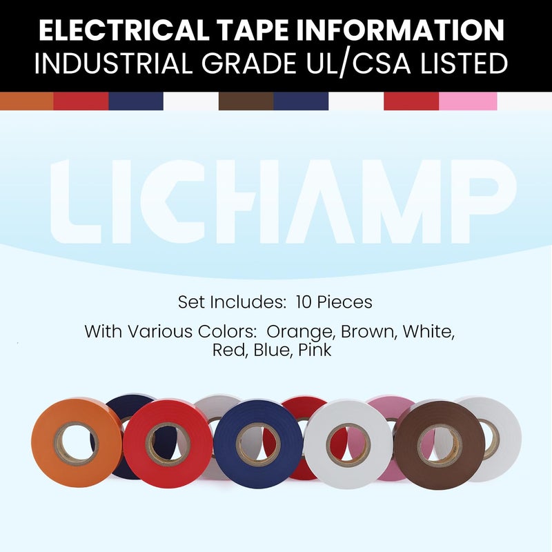 Lichamp شريط كهربائي ملون مقاوم للماء من ليشامب 10 عبوات، 3/4 بوصة × 66 قدم، شريط كهربائي صناعي من الدرجة UL/CSA، ألوان فائق الفينيل، 1075C3 - Image 2