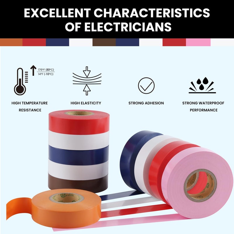 Lichamp شريط كهربائي ملون مقاوم للماء من ليشامب 10 عبوات، 3/4 بوصة × 66 قدم، شريط كهربائي صناعي من الدرجة UL/CSA، ألوان فائق الفينيل، 1075C3 - Image 4