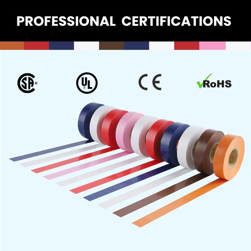 Lichamp شريط كهربائي ملون مقاوم للماء من ليشامب 10 عبوات، 3/4 بوصة × 66 قدم، شريط كهربائي صناعي من الدرجة UL/CSA، ألوان فائق الفينيل، 1075C3 - Image 5