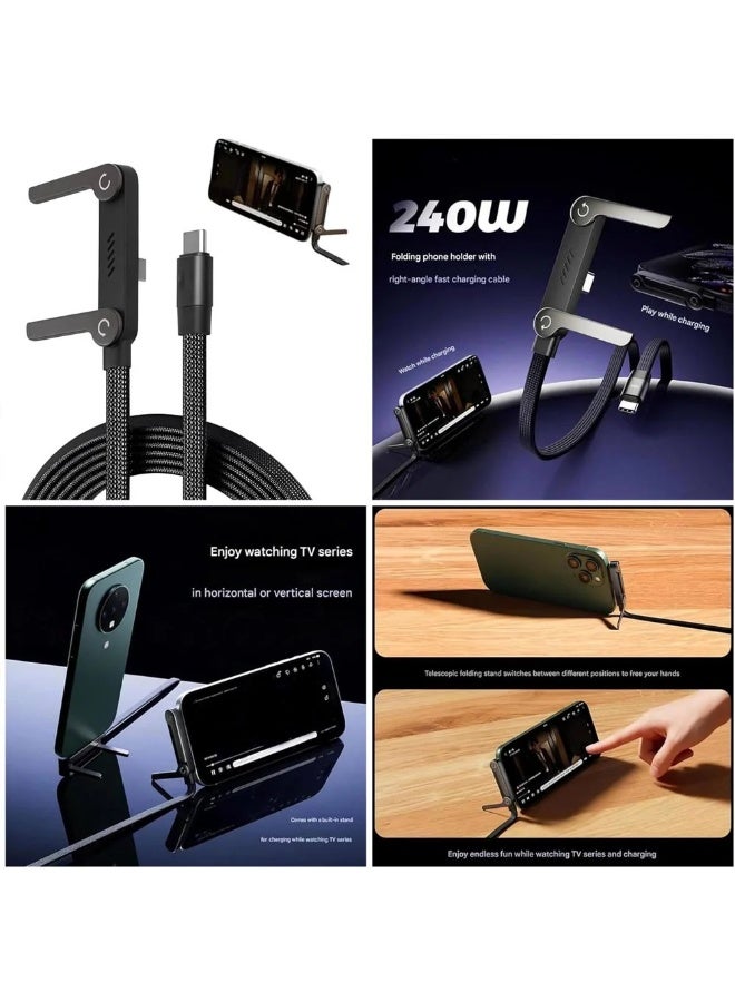 كابل شحن USB-C مجدول 2 في 1 مع حامل هاتف قابل للطي، شحن سريع 240 واط - Image 3