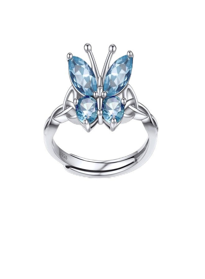 Bestyle Silver Butterfly Ring Adjustable-Sterling Silver March Aquamarine Birthstone Rings-Womens Hyperallergic Rings Simple Dainty Cute Butterfly Ring Sets for Women Butterfly Lovers - Image 1