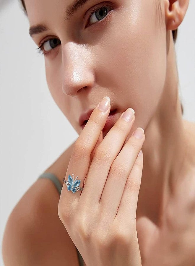 Bestyle Silver Butterfly Ring Adjustable-Sterling Silver March Aquamarine Birthstone Rings-Womens Hyperallergic Rings Simple Dainty Cute Butterfly Ring Sets for Women Butterfly Lovers - Image 3