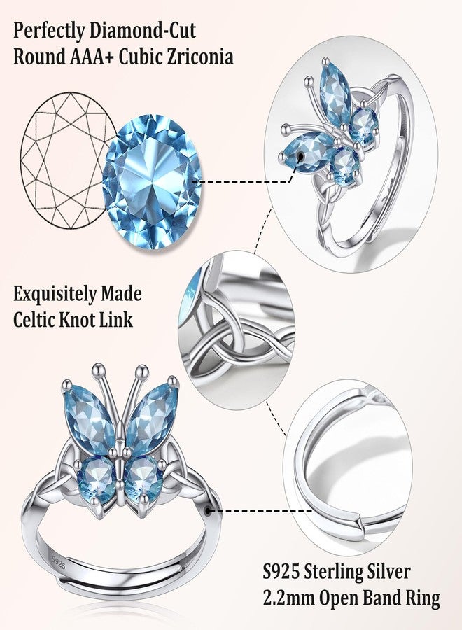 Bestyle Silver Butterfly Ring Adjustable-Sterling Silver March Aquamarine Birthstone Rings-Womens Hyperallergic Rings Simple Dainty Cute Butterfly Ring Sets for Women Butterfly Lovers - Image 4