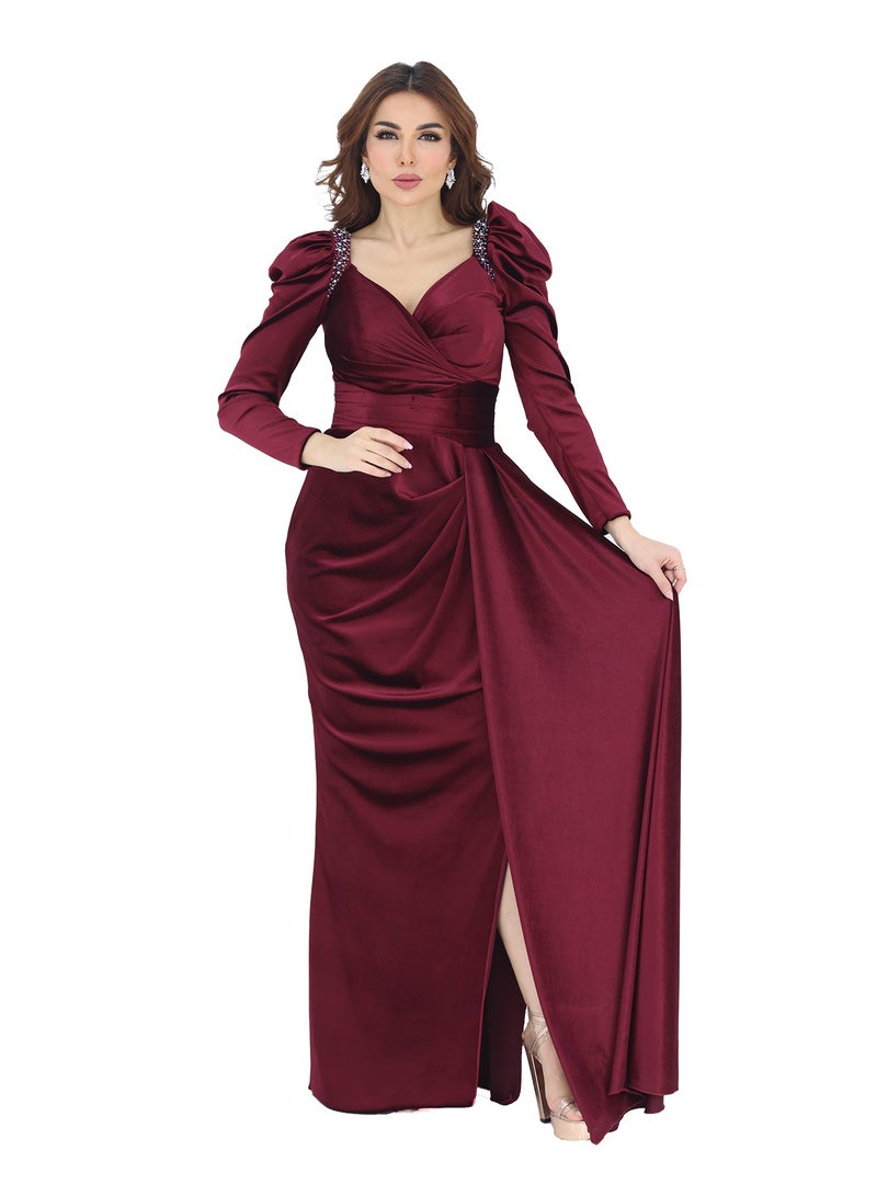 Modern Design A luxurious velvet dress with long sleeves made of velvet material. The dress features elegant hand embroidery on the shoulders. A wrap chest with an opening at the bottom of the dress with an elegant  - Image 1