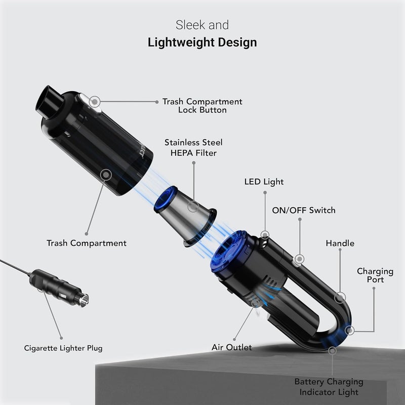 Dylect Wireless Car Vacuum Cleaner: 6000Pa Strong Suction,4000Mah Battery,Fast Type-C Charging,Washable Hepa Steel Filter,Copper Motor,Compact&Lightweight for Dry Use,0.2 Liter - Image 4