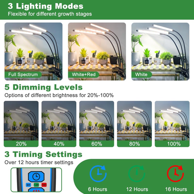 Wolezek Grow Lights for Indoor Plants Full Spectrum, 6000K 3 Head Plant Lights Indoor, LED White Plant Grow Lamp with Clip, Auto ON & Off Timer 6/12/16H, 3 Light Modes, 5 Level Dimmable Brightness - Image 3