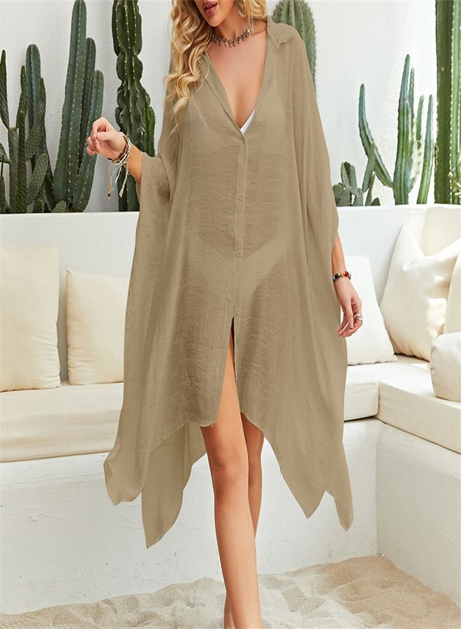 Loquat Solid Loose Beach Dress Beige - Image 2