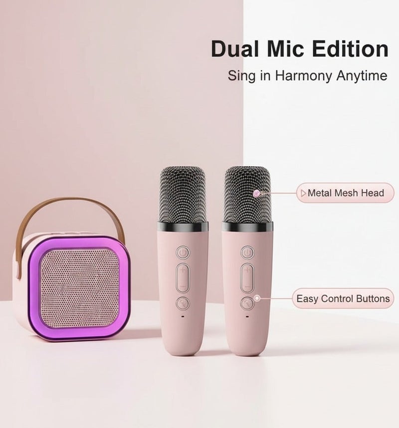 جهاز كاريوكي صغير للأطفال من عمر سنتين إلى ١٢ سنة، مكبر صوت كاريوكي لاسلكي محمول مع أضواء حفلات LED وميكروفونين لاسلكيين، هدية مثالية لأعياد الميلاد والعطلات للبنات والأولاد (K12-وردي) - Image 3