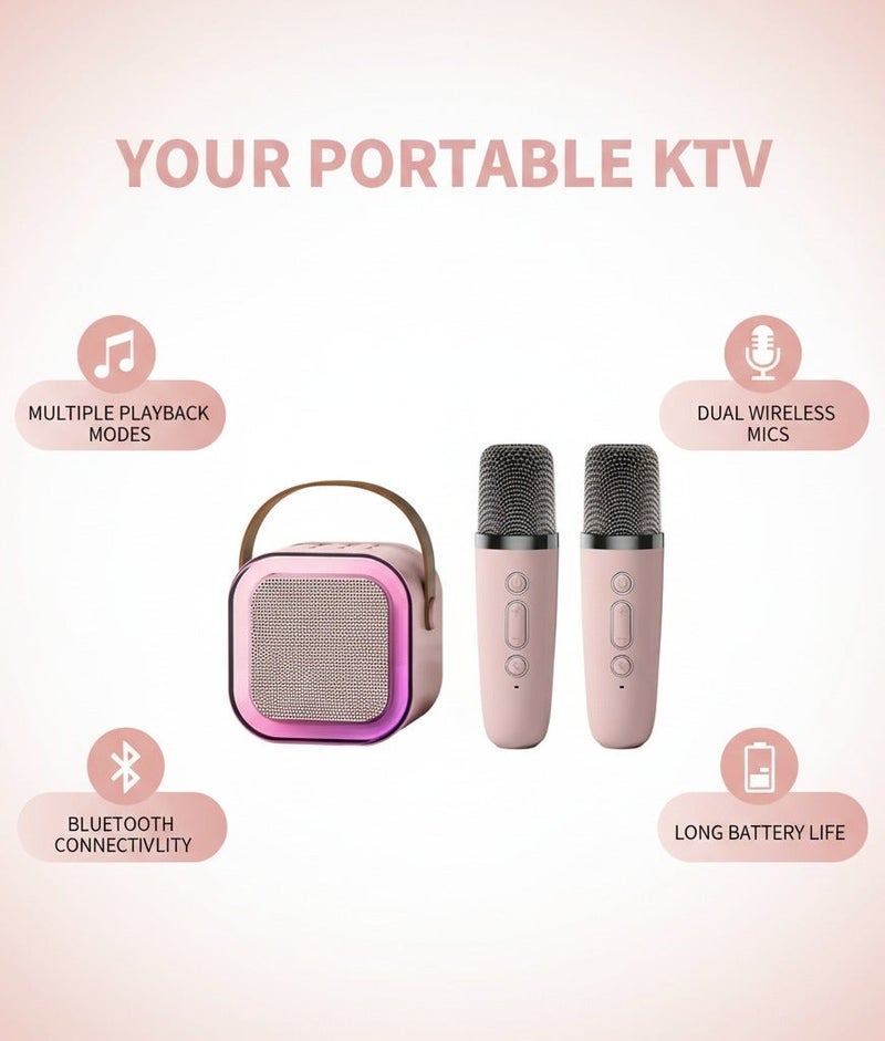 جهاز كاريوكي صغير للأطفال من عمر سنتين إلى ١٢ سنة، مكبر صوت كاريوكي لاسلكي محمول مع أضواء حفلات LED وميكروفونين لاسلكيين، هدية مثالية لأعياد الميلاد والعطلات للبنات والأولاد (K12-وردي) - Image 5